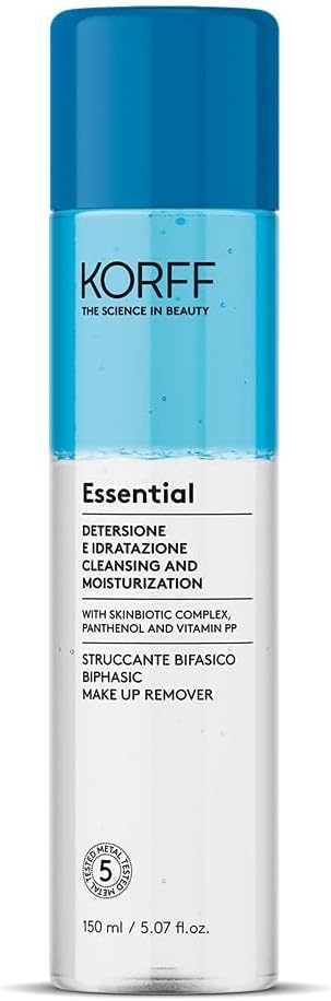 Korff Essence Struccante Viso, Occhi e Labbra Bifasico, Rimuove il Trucco Waterproof, Arricchito con Pantenolo, 150ml