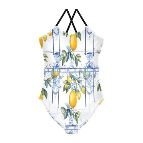 Sicilian Italian Style Lemons White Girls' One-Piece Swimwear with Adjustable Shoulder Strap, Beach Swimwear, 3-10