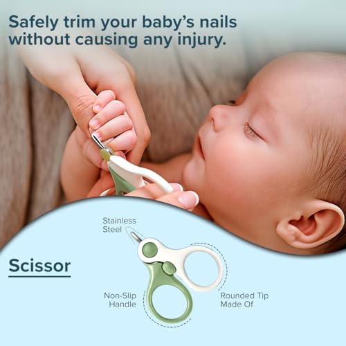 Image of Q DEVICES 5-in-1 Baby Grooming Kit - Safe & Gentle Newborn Nail Clipper, Scissors, Tweezer, Filer & Earwax Remover - Compact Travel-Friendly Health Care Set for Infants & Toddlers - Green