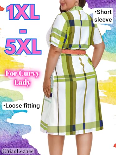 Image of ChiaoLezhee Plus Size Shirt Dress, Colorful Plaid Match Waistband, Fits 1XL-5XL