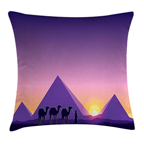 Ambesonne Dune Throw Pillow Cushion Cover, Scenery Of A Camel Caravan And Pyramids, Decorative Square Accent Pillow Case, 36" X 36", Violet Blue Pale Peach #TOP20