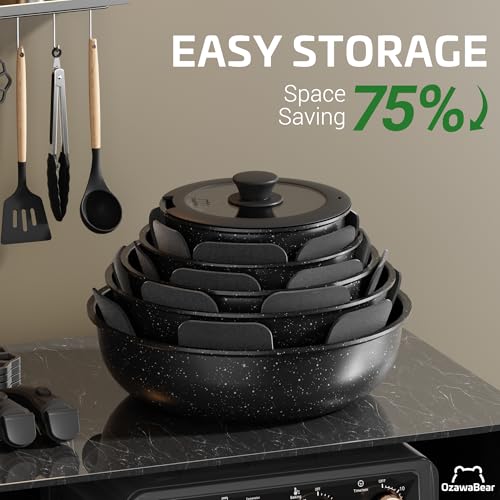 OzawaBear 23 Pcs Pots and Pans Set Non Stick, Ceramic Cookware Set Non Toxic with Detachable Handles, Healthy Induction Cookware Oven Safe RV Kitchen Set, PFAS PFOA & PTFE Free, Black by OzawaBear - Image 4