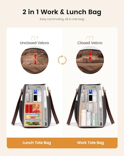 Image of LOVEVOOK Lunch Bag for Women, Leather Work Laptop Tote Bag with Insulated Lunch Compartment&Cup Holder, 17.3 Inch 2 in 1 Lunch Tote for Business, Teacher, Nurse, Office, College, Casual