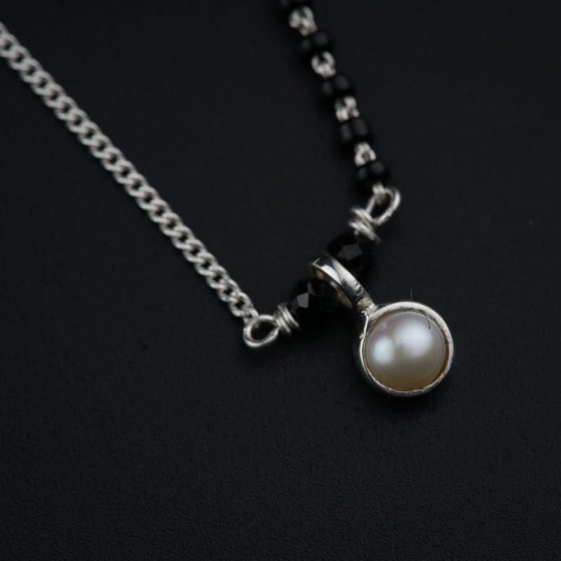 Image of 92.5 Silver Mangalsutra for Women | Handmade Half & Half Pearl Drop Silver Mangalsutra Made in with Black Beads | Silver Gift for Women