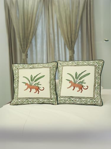 Image of Cheetah Hand Block Printed Cushion Cover Set | Cushions Cover for Home & Office | 100% Cotton Fabric | Size - 16 x 16 Inches | Pack of 2 Cushion Covers | Color - White