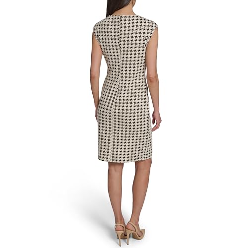 Image of Tommy Hilfiger Women's Cap Sleeve Crew Neck Two Hip Pockets Pixelated Houndstooth Sheath Dress
