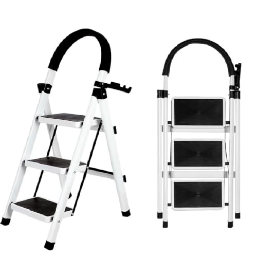 OHMG Escabeau 3 Marches avec Plateforme de Travail, Charge 150 kg Escabeau Pliable, Larges Marche Pied Pliable Antidérapantes, Tabouret en Acier Marche Pied Adulte,Charge 180 kg