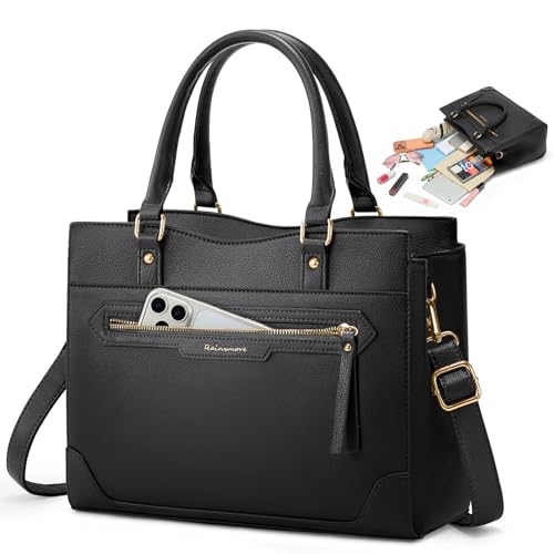 RAINSMORE Handtasche Damen Mittelgroß PU Leder Damen-Henkeltaschen Tasche Damen Wasserdicht Damenhandtasche Elegante Henkeltasche Schultertasche Umhängetasche für 11 Zoll Tablet Schwarz