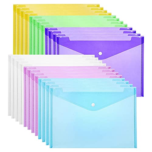 Plastikmappen - A4 Plastikhüllen Dokumententaschen, 6 Farben, A4 Ordner, Druckknopfverschluss, Kunststoff Druckknopf, Schule, Büro, Hausaufgaben, Reisen (24 Stück) Cover