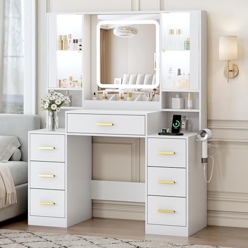 Image of BORNOON Vanity Desk with Mirror and Lights, Makeup Vanity with 7 Drawers, 2 Glass Door Cabinets, Charging Station, Adjustable Shelves, RGB Lighting, Holder