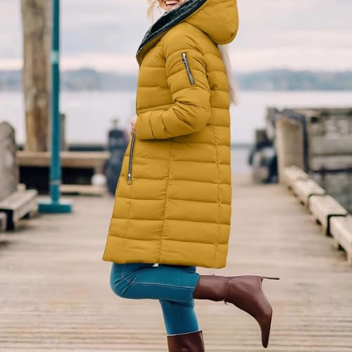 KOG Winterjacke Damen Baumwolle Puffer Jacke Elegant Daunenmantel Trainingsjacke Parka Oberteile übergangsmantel Warme Strickjacken Casual Frau Cordjacke Bikerjacke Softshelljacke Gelb S