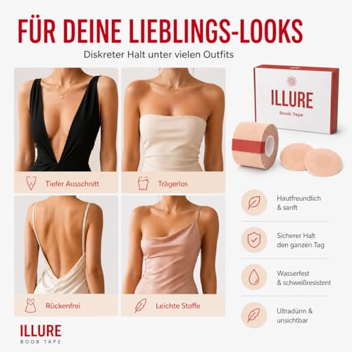 ILLURE® Premium Boob Tape | Klebe BH Push Up | Brust Tape & Bruststraffungsband 5m x 7,5cm | Breast Tape & Boobietape für rückenfreie Kleider | Silikon Nippelpads, Nippel Cover & Fashion Tape | Nude