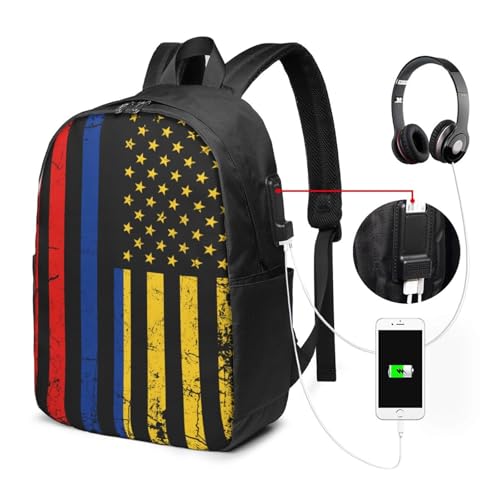 Colombian American Flag Colombia Roots America Travel Backpack 17-Inch Laptop Backpacks Business Rucksack Casual Sport Daypack with USB Charging Port Carry-on Bag for Camping Biking2