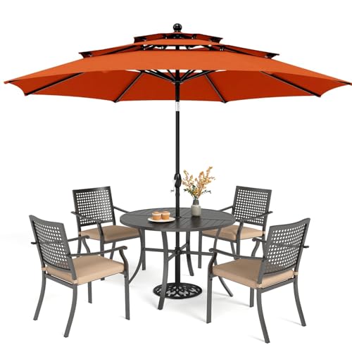 PHI VILLA 5 Pieces Outdoor Dining Set for 4 with Umbrella, 42" Large Round Metal Steel Table & Stackable Iron Chairs with Cushions & 10ft Red Umbrella, Modern Furniture for Patio, Deck, Yard, Porch