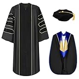 TngHui Deluxe Doctoral Graduation Gown Doctoral Hood and Tam 8 Sided Package Black Size 51(5'6