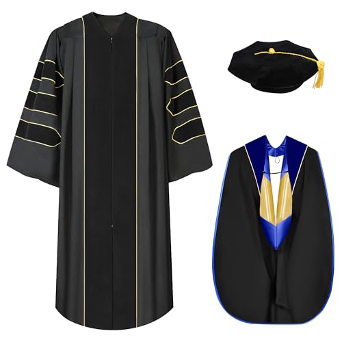 TngHui Deluxe Doctoral Graduation Gown Doctoral Hood and Tam 8 Sided Package Black Size 51(5'6