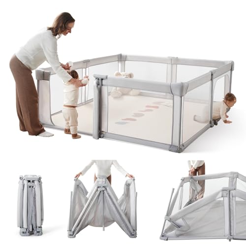 Image of Foldable Baby Playpen,Portable Indoor & Outdoor Playpen for Babies and Toddlers,59 inchx71 inchExtra Large Play Pen with Gate,Collapsible Baby Fence with Travel Bag(Light Grey)