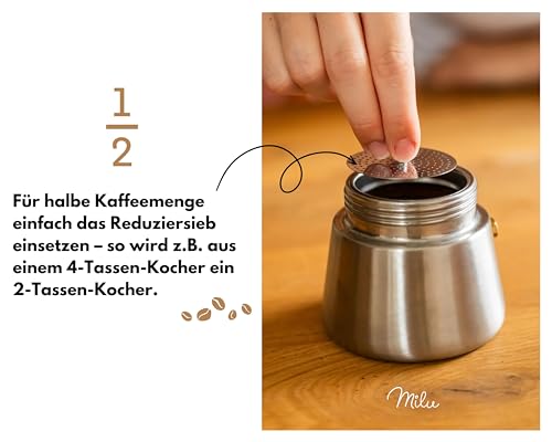 Foto von Milu Espressokocher Induktion geeignet | 2, 4, 6, 9 Tassen | Edelstahl Mokkakanne, Espressokanne, Espresso Maker Set inkl. Untersetzer, Löffel, Bürste (6 Tassen 300ml)