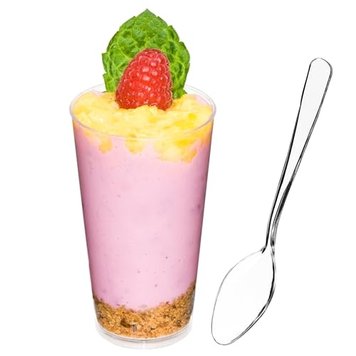 DLux 50 x 3 oz Mini Dessert Cups with Spoons, Shooter - Clear Plastic Parfait Appetizer Cup - Small Reusable Shot Glass for Tasting Party Shooters Desserts Appetizers - With Recipe Ebook