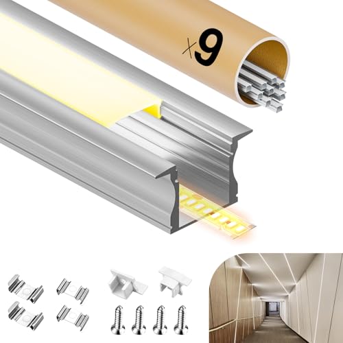 GEEKLUX Aluminiumprofile für LED-Streifen, 2 m x 9 (insgesamt 18 m), zum Einbauen, Led-Kanäle in U-Form, max. 12 mm, Abdeckung, Cremeweiß, Diffusor, Metallbefestigung, Clips – 2000 x 26,7 x 10 mm