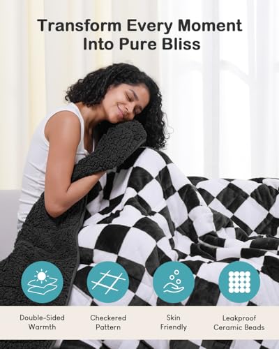 Weighted Blanket for Adults, 20lbs Sherpa Flannel Weighted Blanket Queen Size, Soft Fluffy Fleece Checkerboard Weighted Blankets for Calming and Relax, Plaid Black, 60" x 80"