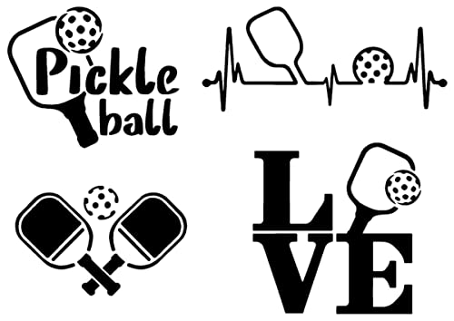 Pickleball Decals 4 Pack: Pickle Ball, Pickleball Heartbeat, Paddles and Pickleball, Love Pickleball Decals (Black, Small ~3.5")
