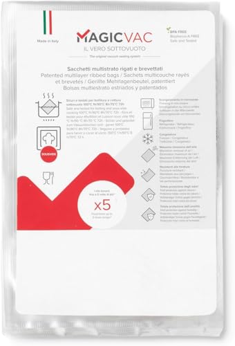 Magic Vac, 100 Bolsas de Envasado al Vacío 20x30cm Rayadas y Patentadas para Congelador, Frigorífico, Descongelar en Microondas, Hervir, Cocinar al Vacío en Horno o al Vapor, Sin BPA, Made in Italy