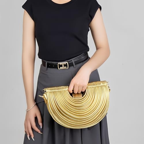 Image of Elegant Half Round Chinc Woven PU Leather Lou Top Handle Bag for Women Formal Evening Clutch Purses
