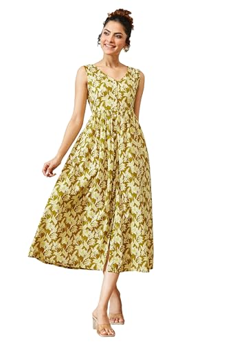 Image of Janasya Women's Olive Green Pure Cotton Floral Printed A-line Dress