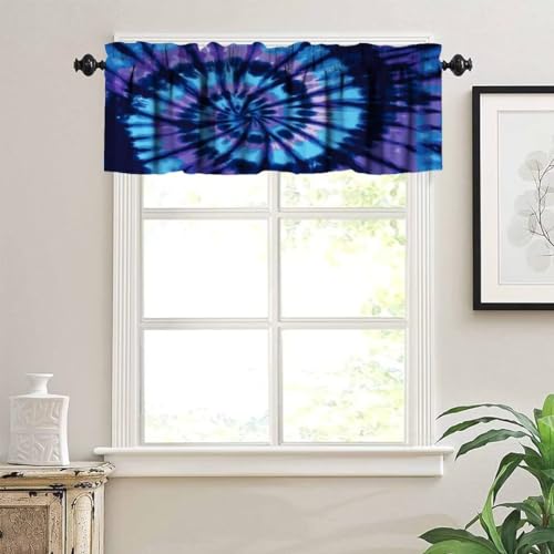 Image of Swirl Tie Dye Purple Black Window Valance Curtain, Retro Spiral Hippie Style Chic Multicolor Watercolor Window Treatment Valances for Kitchen Living Room Cafe Decor 54'x18', 1 Panel