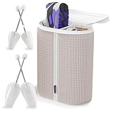 HugList Dual Shoe Bag for Washing with Adjustable Shoe Trees, Laundry Shoe Bag for 2 Shoes, Fluffy Chenille Fiber, Wrap-around Cleaning, Olive-shaped Design, Durable Zipper, Beige