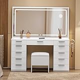 DWVO Makeup Vanity with Large Mirror and Lights, 46' Vanity Desk Dressing Table Set with 11 Drawers & Storage Stool, Dressing Table with Power Outlet and Magnifying Glass, Dressing Room, White