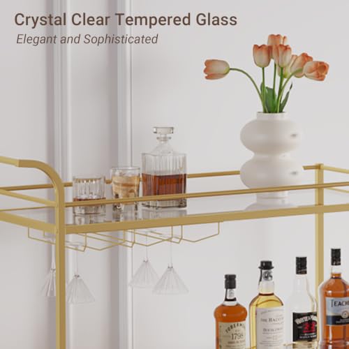 Image of Gold Bar Cart, Home Bar Serving Cart with Handle, Wine Cart with 3-Tier Glass Shelves, Beverage Cart with Wine Rack and Glass Holder, Bar Carts for The Home, Dining Room, Living Room