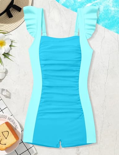 Image of Girls Swimsuit Ruffle Solid One Piece Bathing Suits 7-18 Years | Teen Bathing Suits for Girls Ruched Sleeveless Girls' Swimwear
