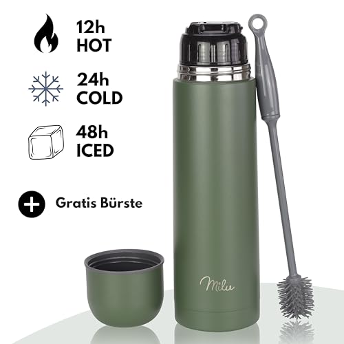 Foto von Milu Thermosflasche Thermoskanne Isolierflasche 1L, 750ml, 500ml - Isolierte Edelstahl Trinkflasche, 100% Auslaufsicher, Doppelwandisolierung (Olivgrün, 500ml)
