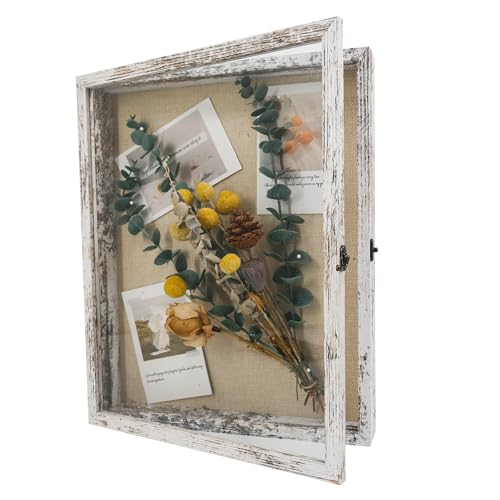 Image of GraduationMall 13x16 Wood Shadow Box Frame Glass Door Display Case with Linen Back and 6 Stick Pins,1.5 inches Interior Depth,Ideal for Memorabilia Pictures Flowers Medals Tickets Rustic White