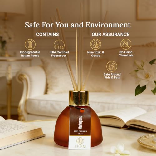 Image of EKAM Mahogany Reed Diffuser Set 60ml | Frosted Glass Bottle with 6 Natural Reed Sticks | Aromatherapy & Stress Relief | Long-Lasting(Up to 30 Days), Smoke-Free Air Freshener for Home, Bedroom & Office
