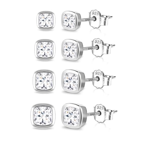 925 Sterling Silver Stud Earrings for Women, ASH'S CHOICE Small Stud Earrings with Cubic Zirconia Square Ball Studs Surgical Steel Cartilage Piercing Sterling Silver Earrings Set Studs for Women Men