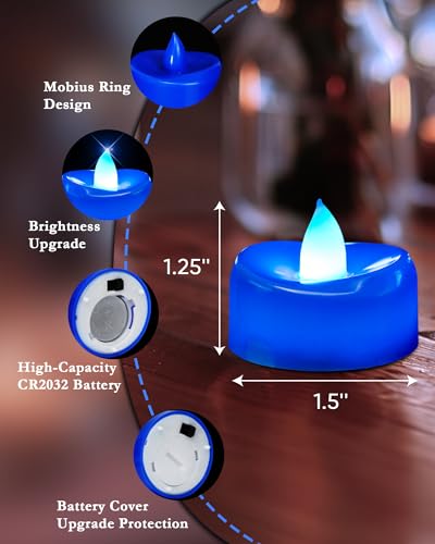 Image of merrynights Flameless Candles, 12 Pack Tea Lights Candle Battery Operated, LED Tealight Votives, Realistic Tea Lights for Halloween Christmas Party Decor -D 1.5 inch x H 1.25 inch -Blue Light