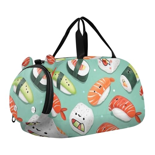 Sushi Pattern Green Duffle Bag for Girl, Sports Duffle Gym Bags with Shoe Compartment, Personalized Overnight Bag Travel Weekender for Kids