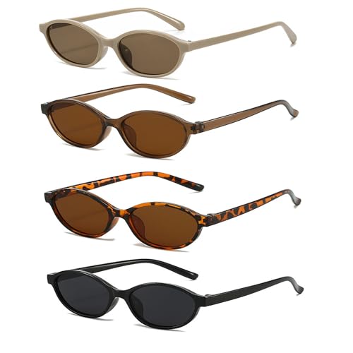 FSMILING 4 Stück Retro Ovale Sonnenbrille Damen Braun Vintage Cateye Sonnenbrille Oval Trendy 90er Klein Schmal Katzenaugen Sunglasses