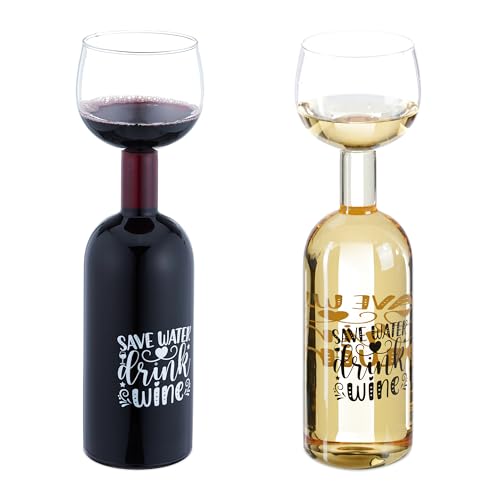 Relaxdays Bottiglia con Bicchiere da Vino, Calice Gigante in Vetro XL, Scritta Divertente, Regalo, 750 ml, Trasparente
