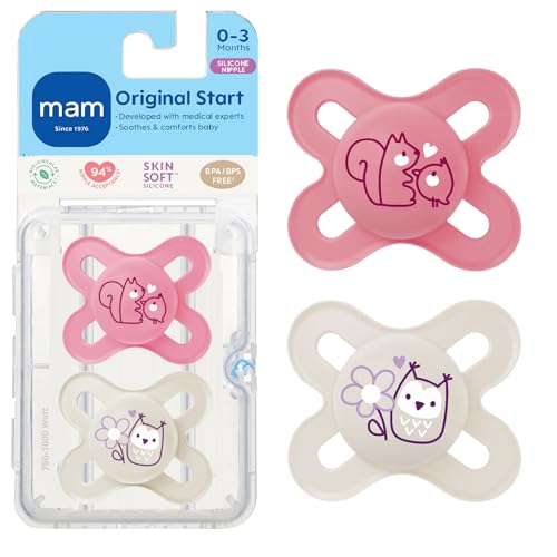 Image of MAM Original Start Matte Baby Pacifiers, Binky for 0-3 Months, BPA-Free Silicone Nipple, Easy to Clean, Best for Newborn Babies, Developed with Medical Experts, 2 Count Binkies with Sterilizer Case