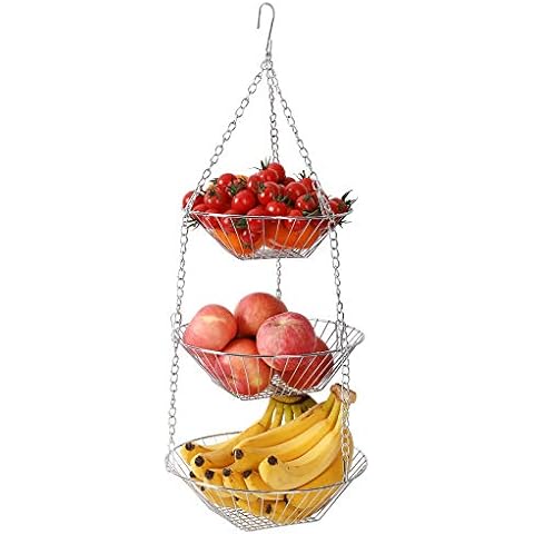 PENGKE 3 Tier Metal Chain Hanging Basket Storage Tools,Fruits Vegetable Kitchen Household Storage Basket,Silver Cover