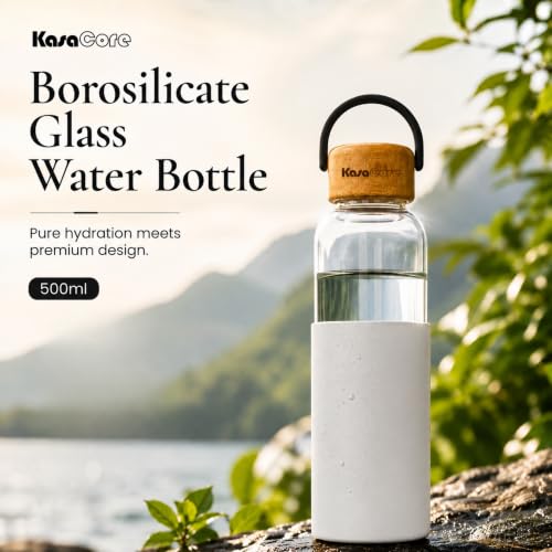 Image of Borosilicate Glass Water Bottle 500 ml | Leakproof Bamboo Lid & Silicone Sleeve | BPA Free Reusable Drinking Bottle for Office, Gym, Travel & Daily Use (White)