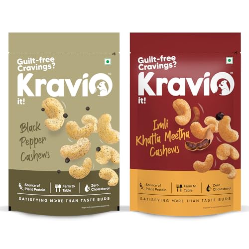 Image of Kravio Premium Black Pepper & Imli Khatta Meetha Roasted Cashew Nuts (2 X 200g) | Zero Cholesterol Natural Jumbo Size Whole Kaju Nuts & Dry Fruits | Rich in Protein, Crunchy Delicious Healthy Snacks