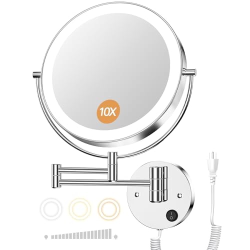 Gospire 9” Wall Mounted Lighted Magnifying Mirror, 1X/10X Magnification Double-Sided