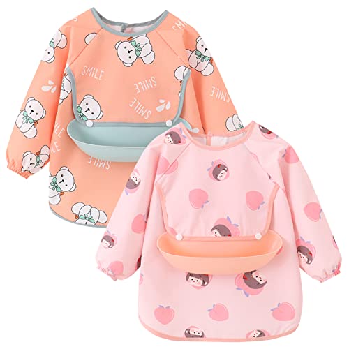 Happy Cherry Manches Tablier Etanche pour Bébé Bavoir D'Allaitement Fille Garçon Facile à Nettoyer Repas Bavette Respirant Imperméable Protection Blouse Maternelle Ecole Mangeant Jeu 3-4 ans Cover