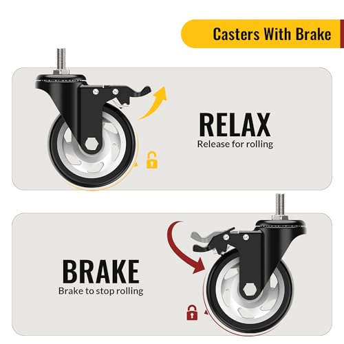 Image of HOLKIE Caster Wheels 4 inch Total Locking Stem Casters, 1 /2 inch -13 x 1(Stem Diameter 1 /2 inch, Stem Length 1 inch) Threaded Stem Casters Swivel Casters Set of 8 Heavy Duty Castors Black 8 Pack