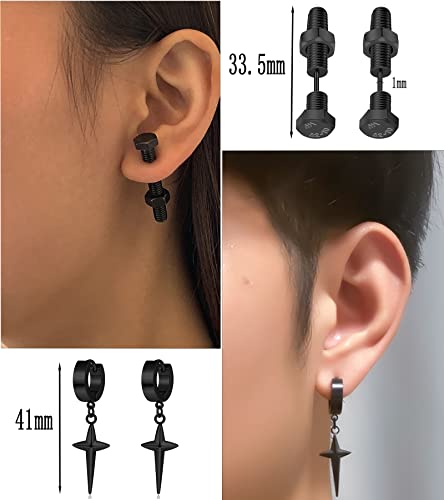 Ofeiyaa 12 Pairs Stainless Steel Classic Cross Dangle Earrings For Men Punk Gothic Long Chain Piercing Drop Earring Set Hinged Hoop Huggies Earring Jewelry Gift Silver Black Tone #TOP3